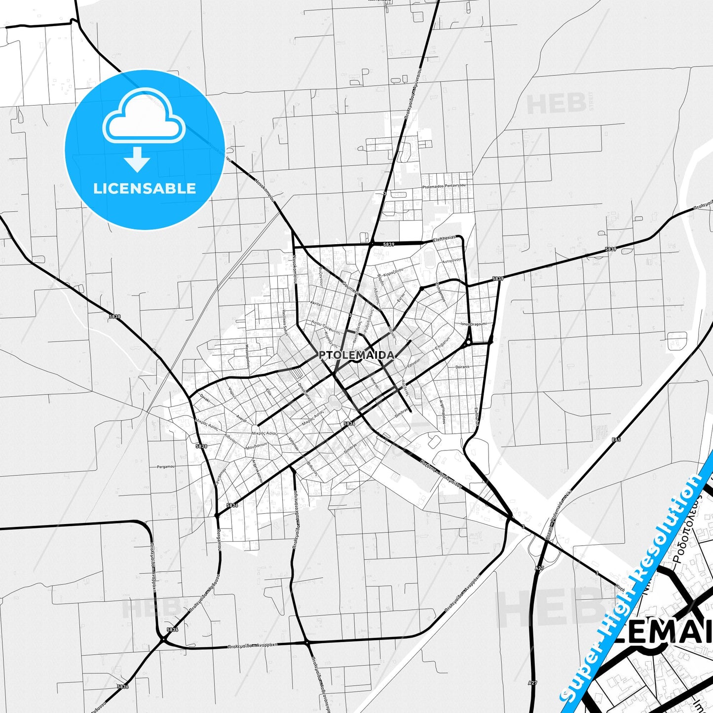 Ptolemaida, Greece Light Map with Street Names, City Names, and Districts