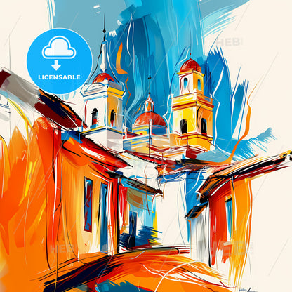 Vibrant Pucallpa, Peru - A Painting Of A Building With A Steeple