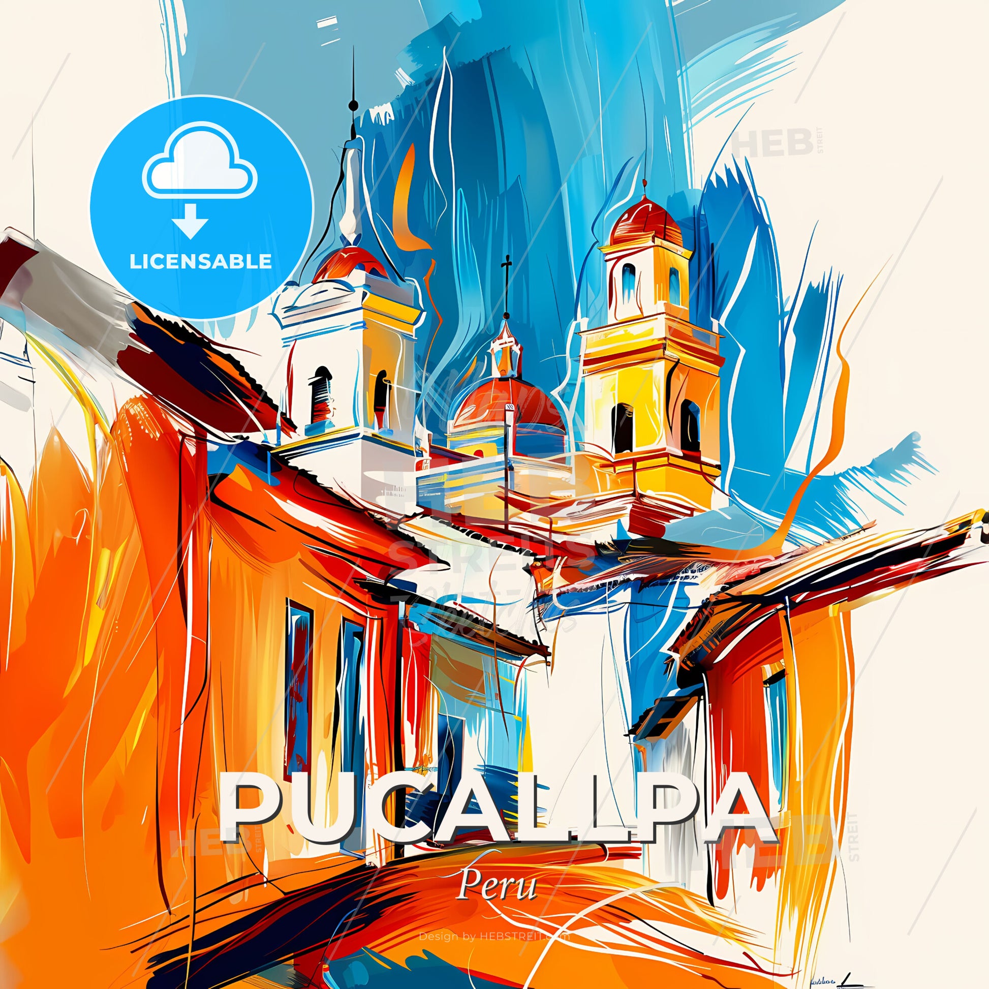 Vibrant Pucallpa, Peru - A Painting Of A Building With A Steeple - Square format print template