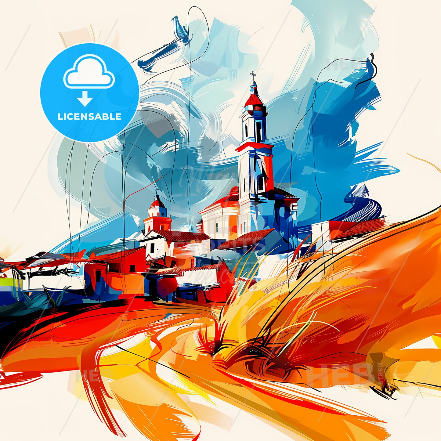 Vibrant Pucallpa, Peru - A Painting Of A Building With A Tower