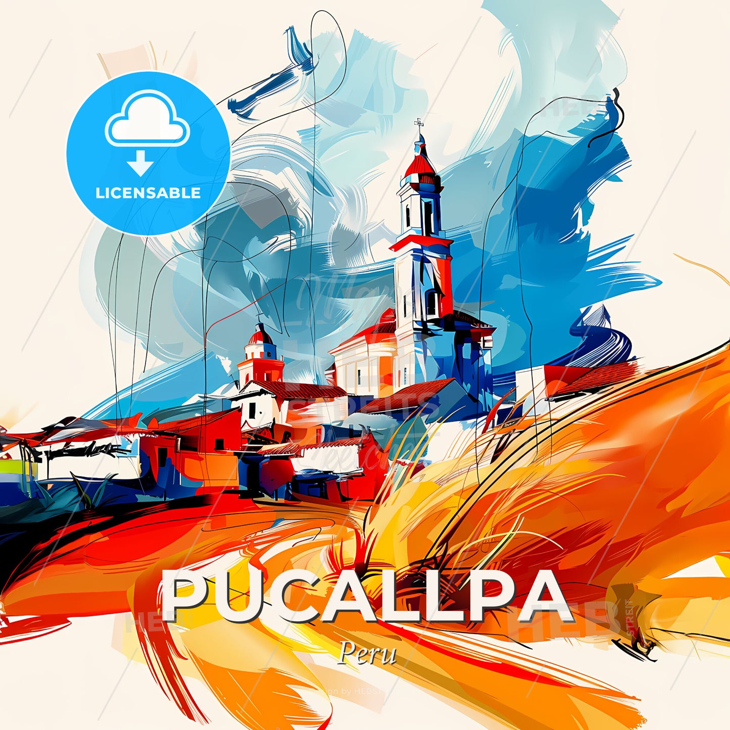 Vibrant Pucallpa, Peru - A Painting Of A Building With A Tower - Square format print template