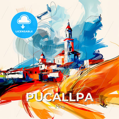 Vibrant Pucallpa, Peru - A Painting Of A Building With A Tower - Square format print template