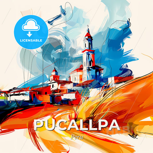 Vibrant Pucallpa, Peru - A Painting Of A Building With A Tower - Square format print template