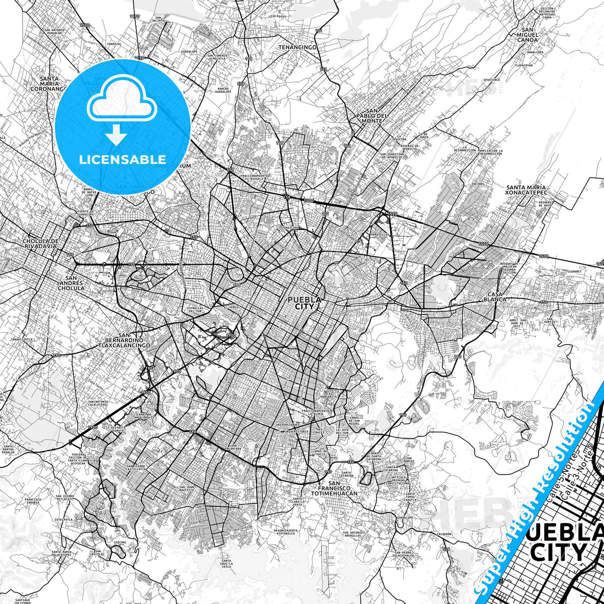 Puebla, Mexico light map with streetnames, citynames and districts