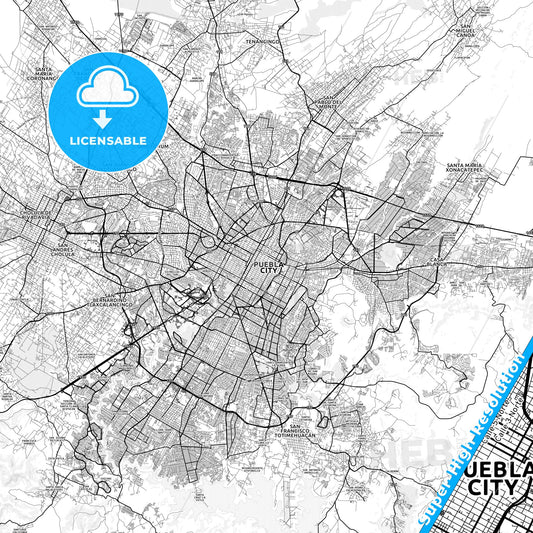 Puebla, Mexico light map with streetnames, citynames and districts