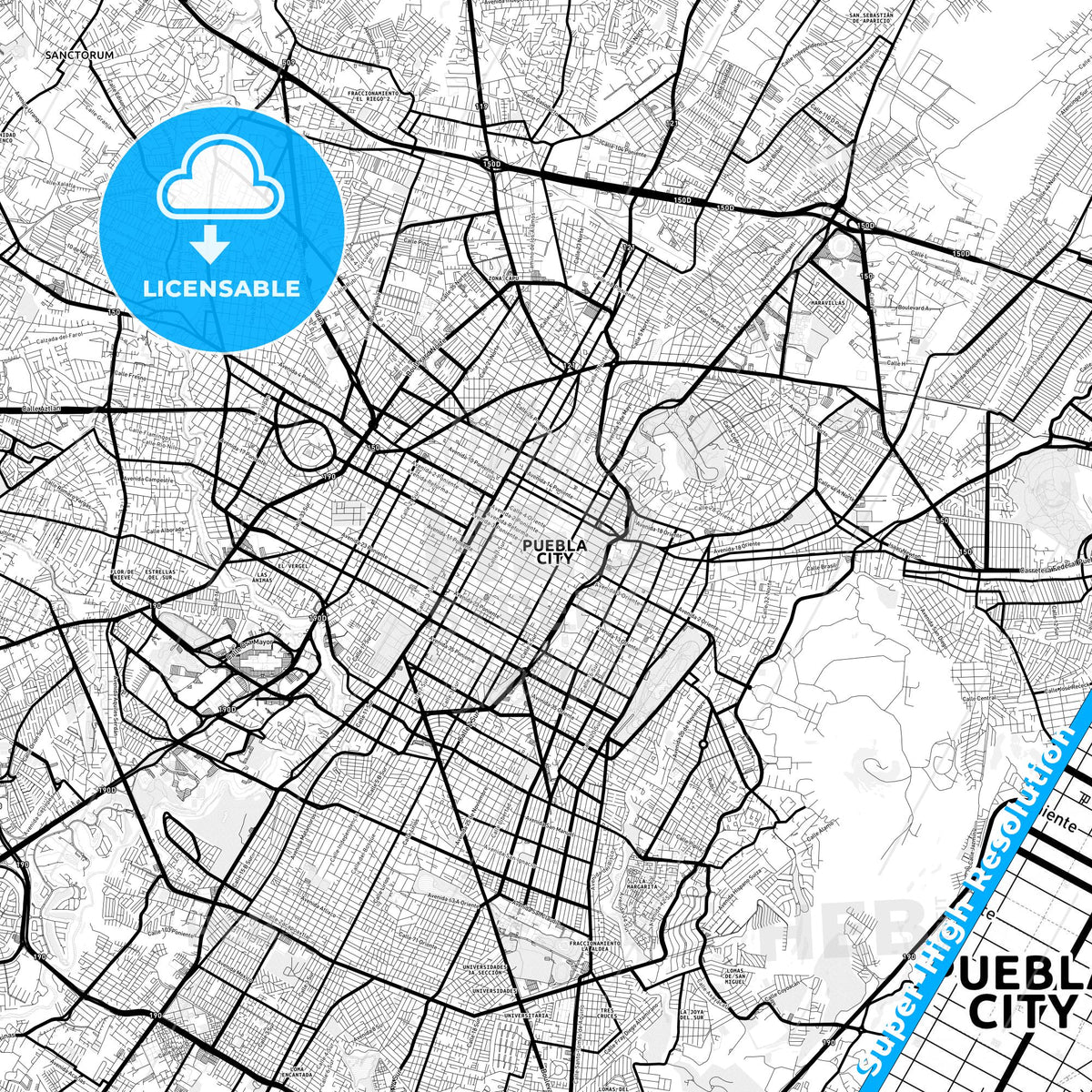 Puebla, Mexico Light Map with Street Names, City Names, and Districts