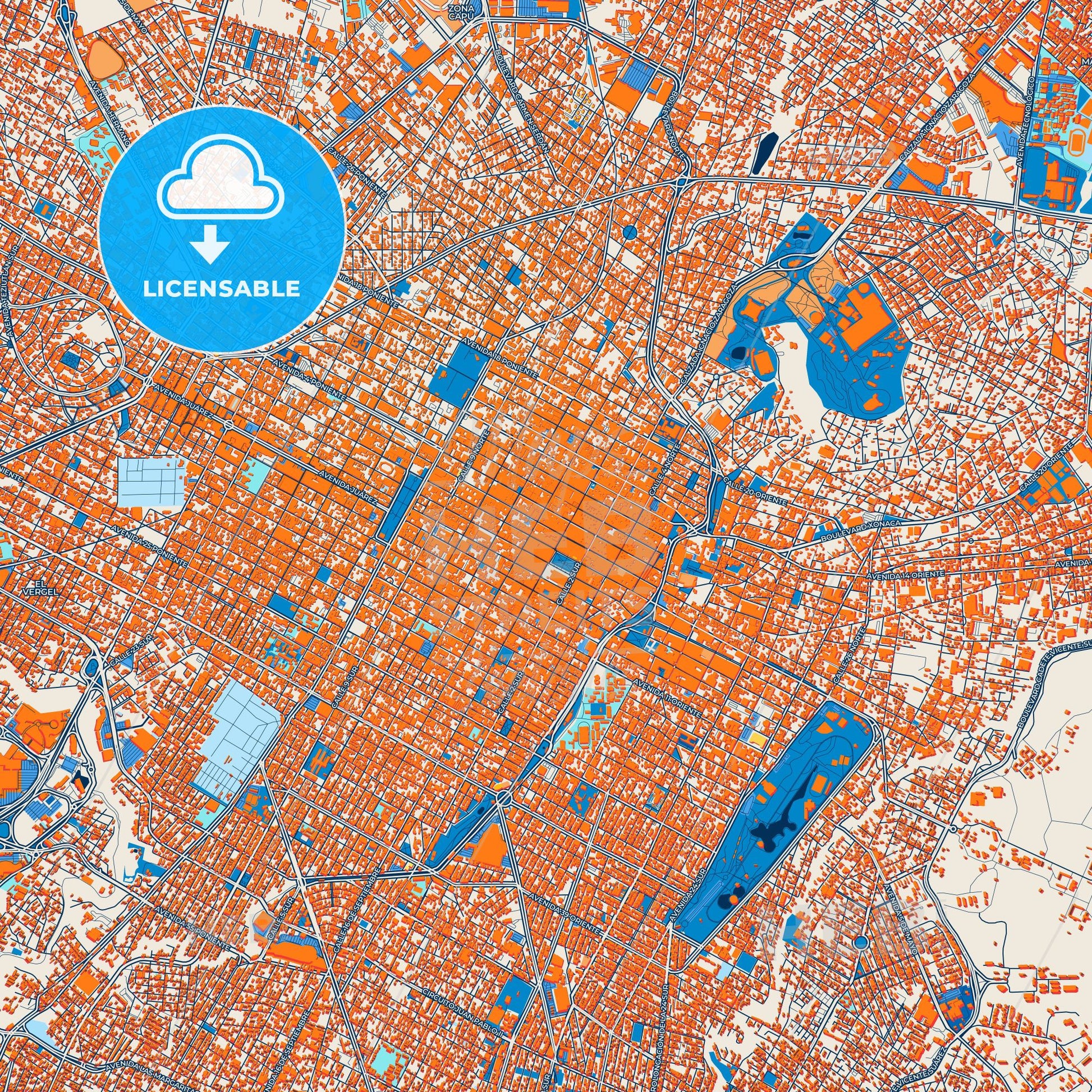 Colorful Puebla Street Map with Labels and Buildings
