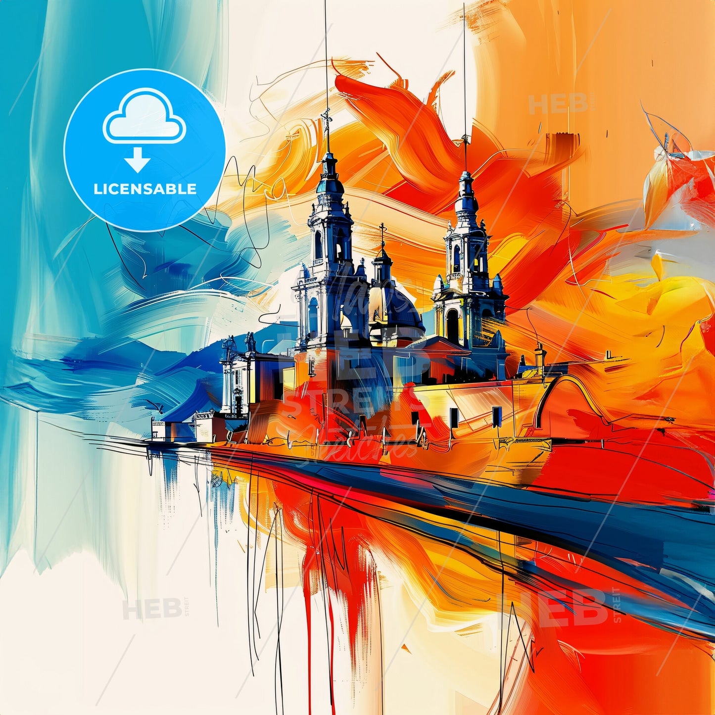 Vibrant Puebla, Mexico - A Painting Of A Building With Towers