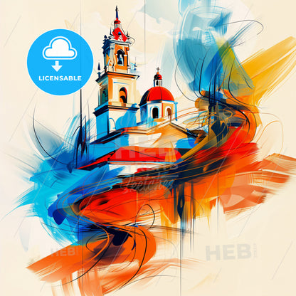 Vibrant Puebla, Mexico - A Painting Of A Building With A Red Roof And Blue And Orange Colors