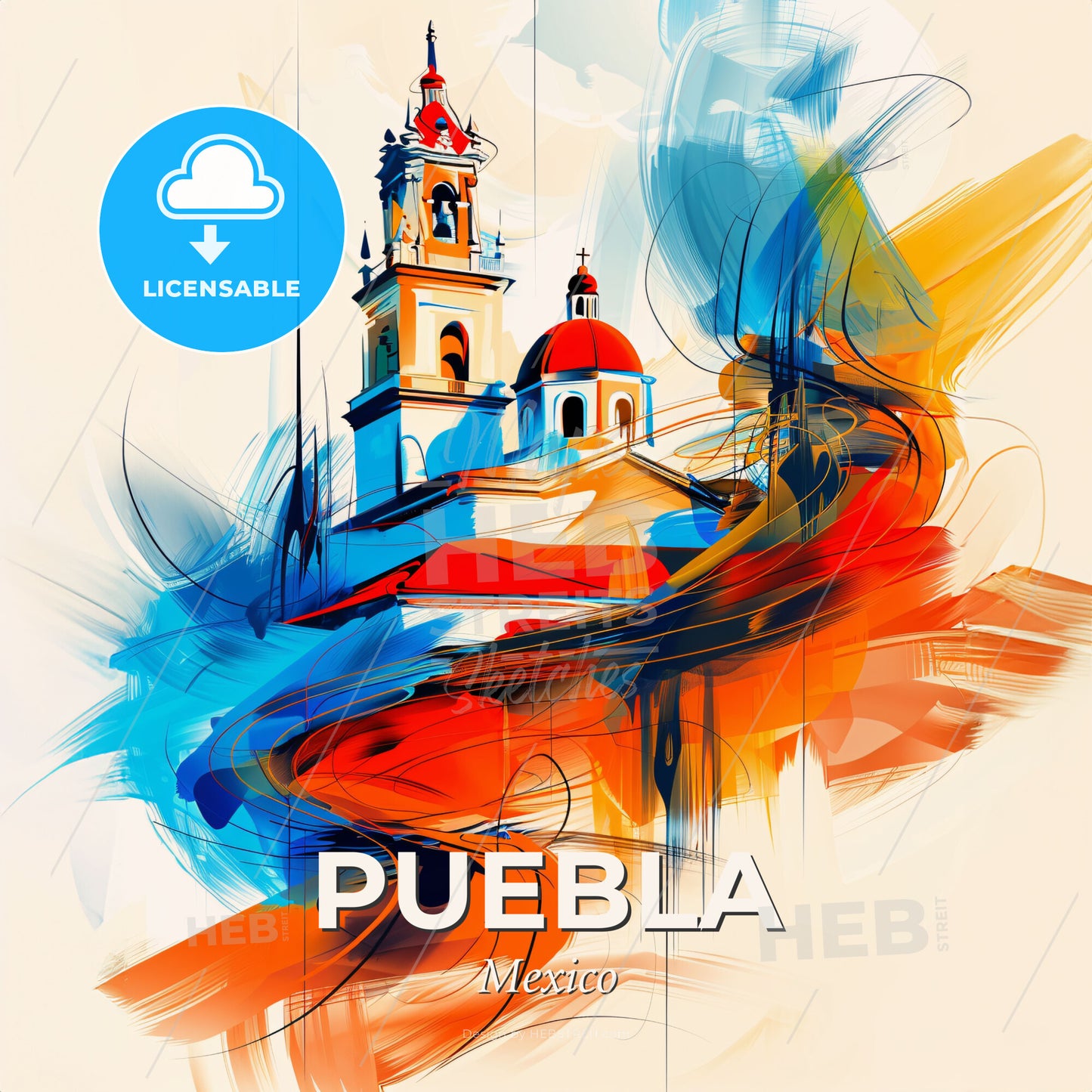 Vibrant Puebla, Mexico - A Painting Of A Building With A Red Roof And Blue And Orange Colors - Square format print template