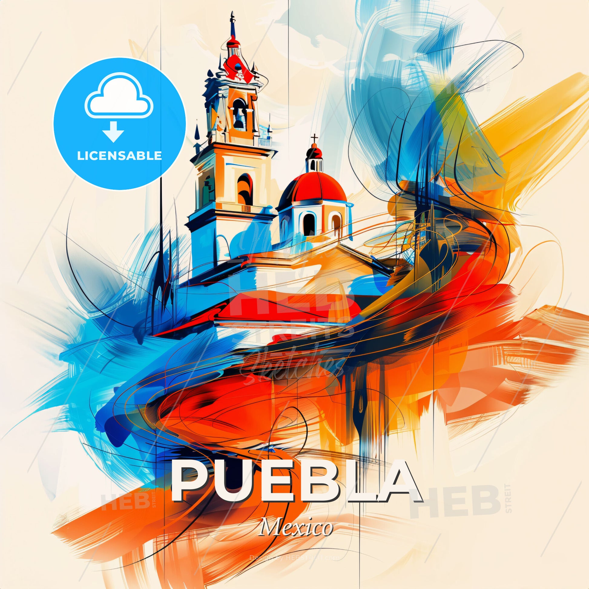 Vibrant Puebla, Mexico - A Painting Of A Building With A Red Roof And Blue And Orange Colors - Square format print template