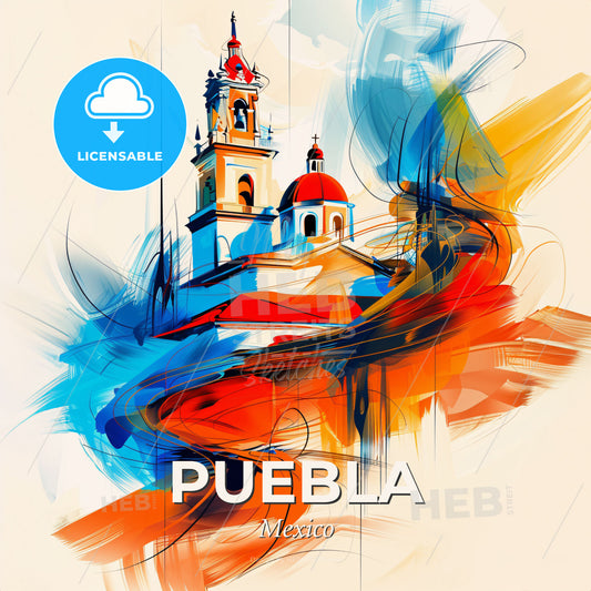 Vibrant Puebla, Mexico - A Painting Of A Building With A Red Roof And Blue And Orange Colors - Square format print template