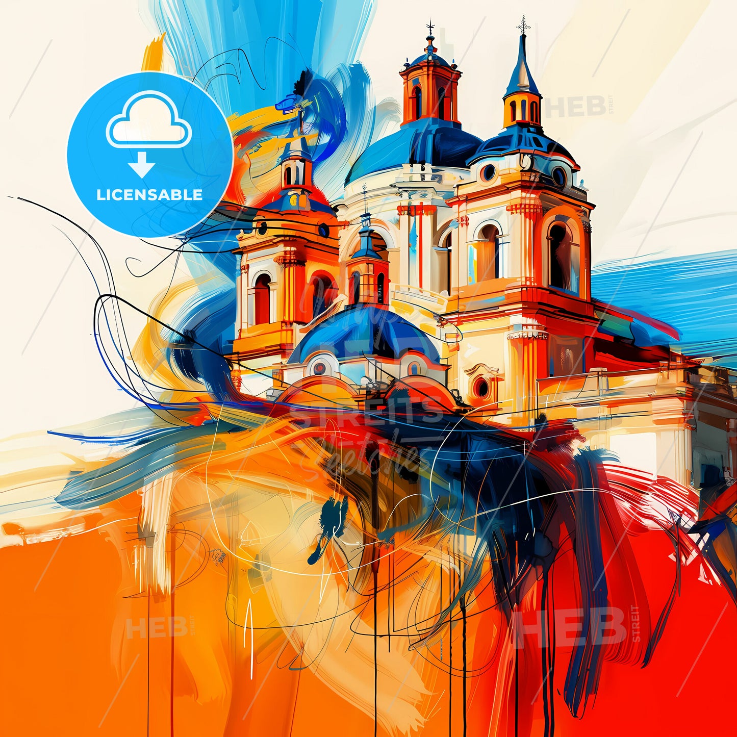 Vibrant Puebla, Mexico - A Painting Of A Building With Blue Domes