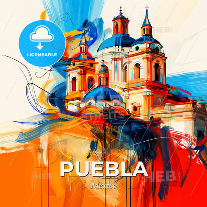 Vibrant Puebla, Mexico - A Painting Of A Building With Blue Domes - Square format print template