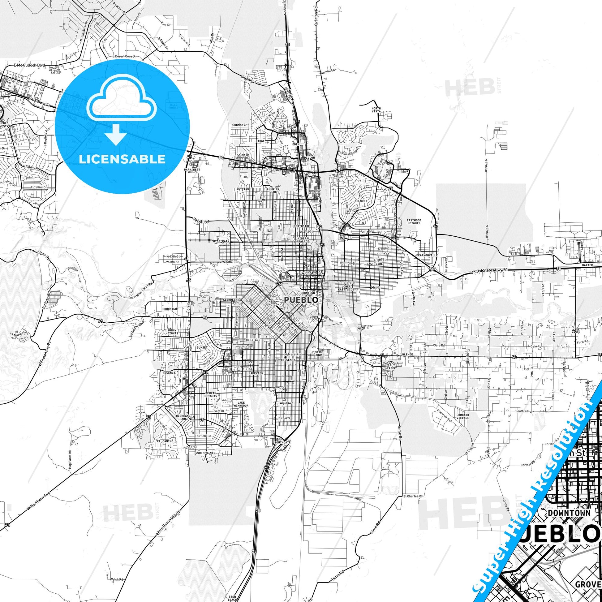Pueblo, Colorado light map with streetnames, citynames and districts