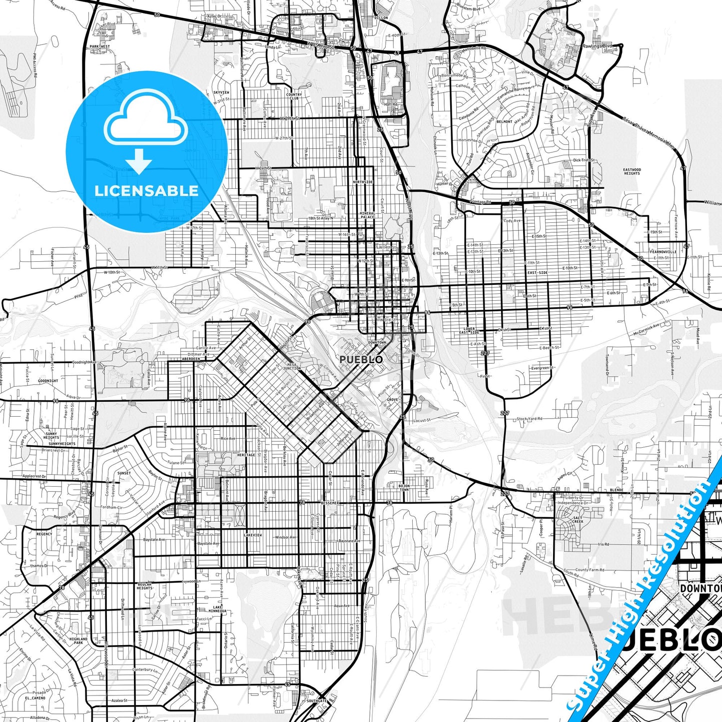 Pueblo, Colorado Light Map with Street Names, City Names, and Districts