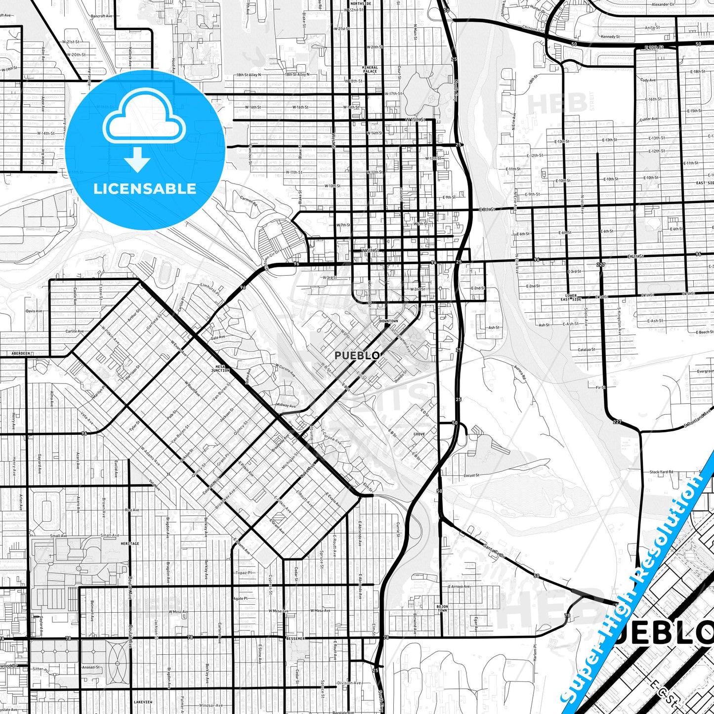 Pueblo, Colorado Light Map with Street Names, City Names, and Districts