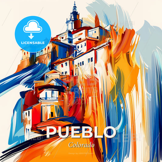 Vibrant Pueblo, Colorado - A Painting Of A Building On A Hill - Square format print template
