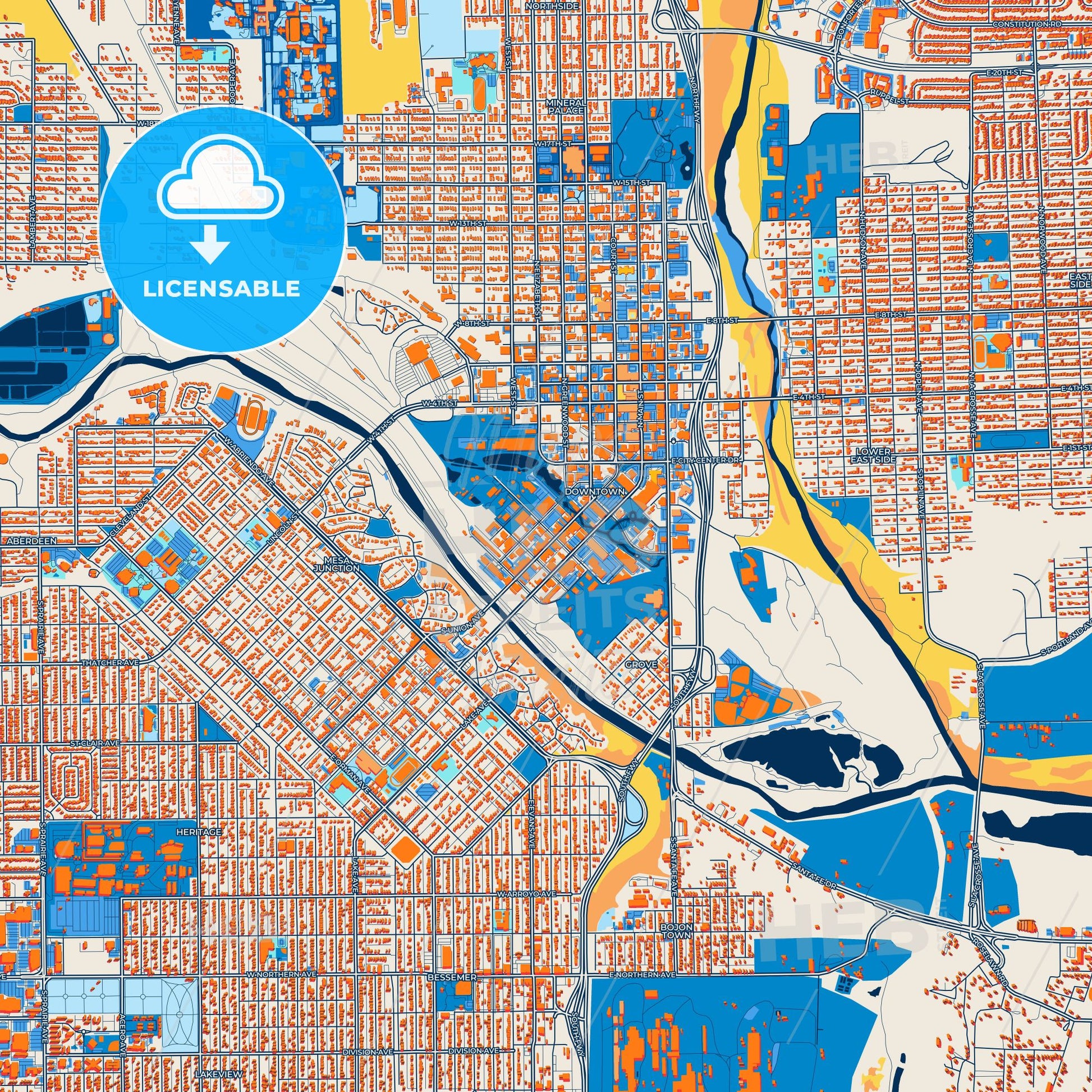 Colorful Pueblo Street Map with Labels and Buildings
