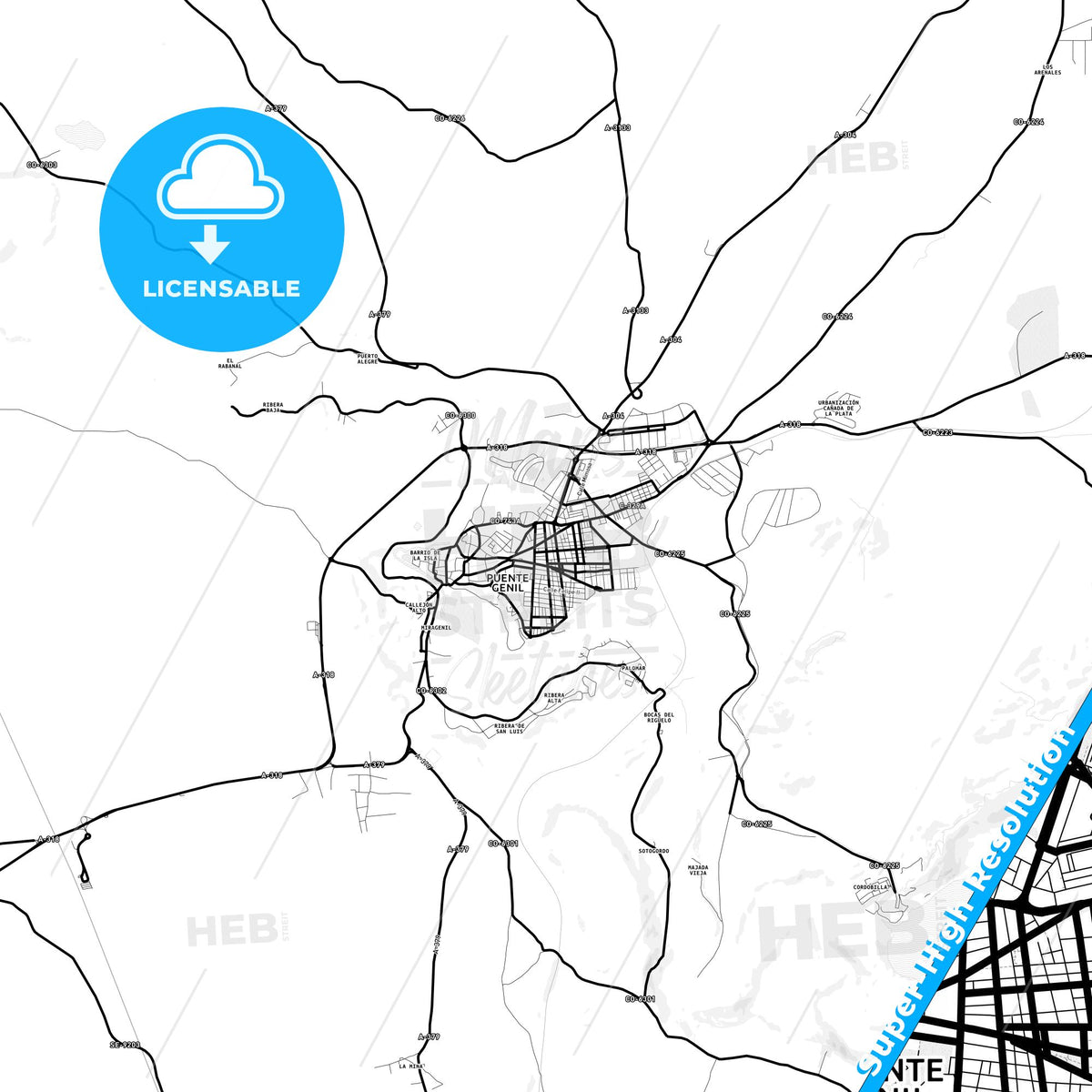 Puente-Genil, Spain Light Map with Street Names, City Names, and Districts