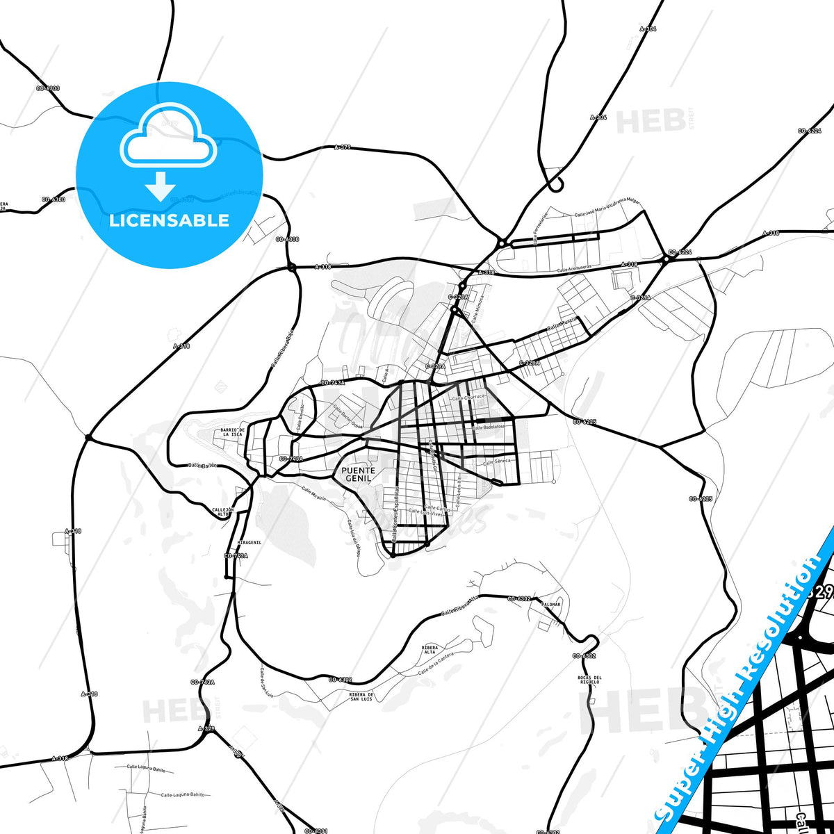 Puente-Genil, Spain Light Map with Street Names, City Names, and Districts