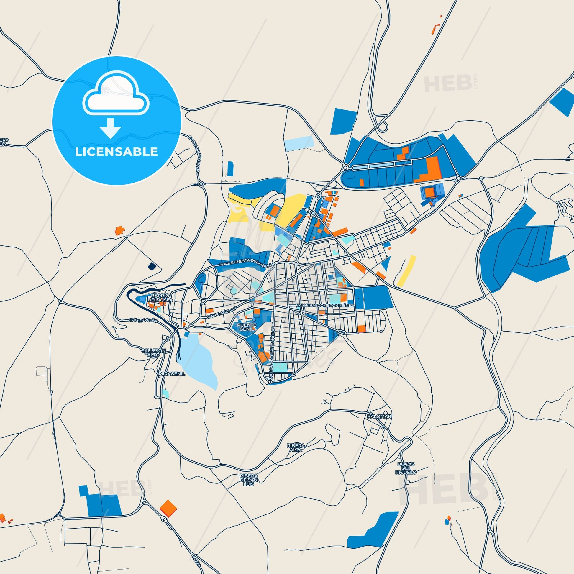 Colorful Puente-Genil Street Map with Labels and Buildings
