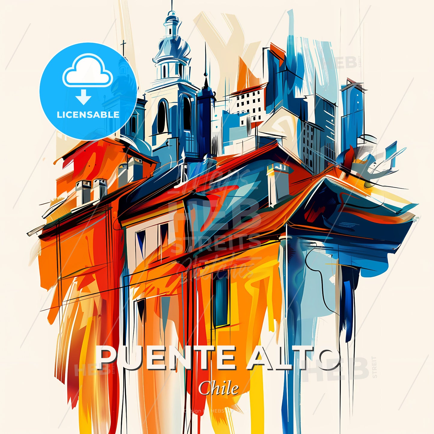 Vibrant Puente Alto, Chile - A Painting Of A Building With Towers And Buildings - Square format print template