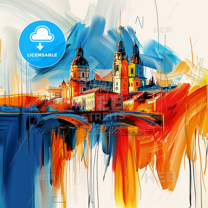 Vibrant Puente De Vallecas, Spain - A Painting Of A City With A Bridge And A Bridge