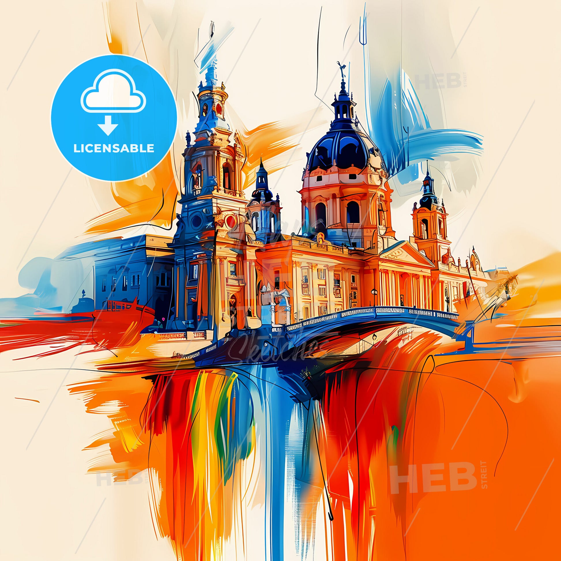 Vibrant Puente De Vallecas, Spain - A Painting Of A Building With A Bridge