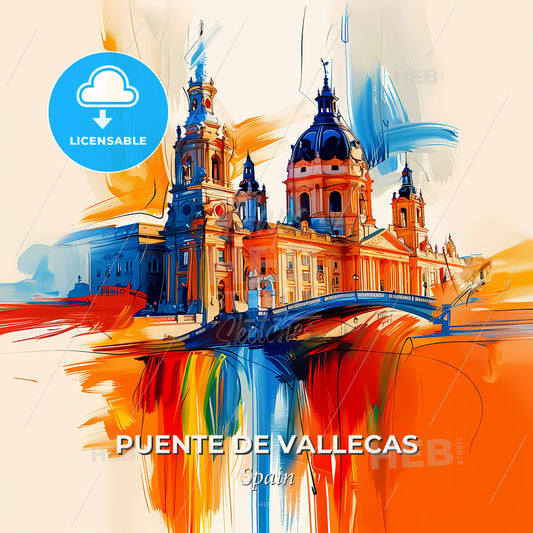 Vibrant Puente De Vallecas, Spain - A Painting Of A Building With A Bridge - Square format print template