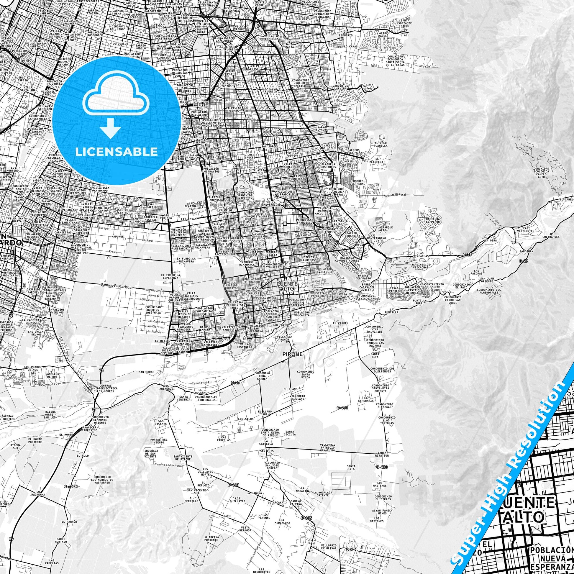 Puente Alto, Chile light map with streetnames, citynames and districts