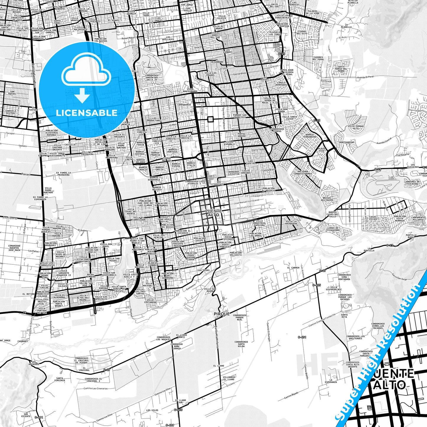Puente Alto, Chile Light Map with Street Names, City Names, and Districts