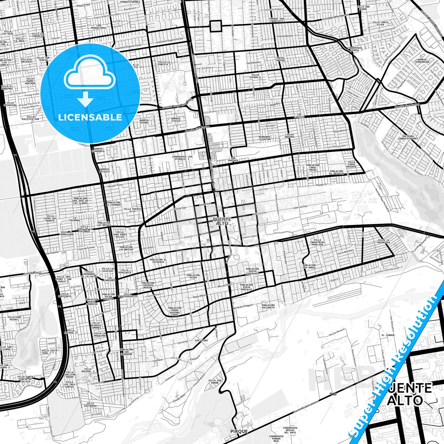 Puente Alto, Chile Light Map with Street Names, City Names, and Districts