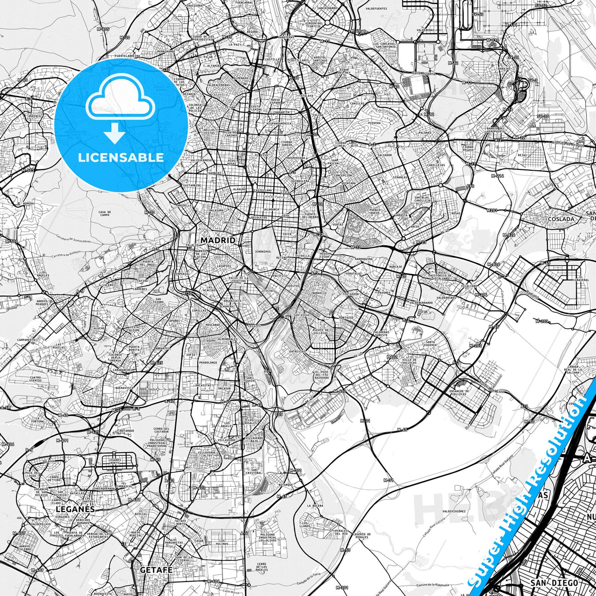 Puente de Vallecas, Spain light map with streetnames, citynames and districts