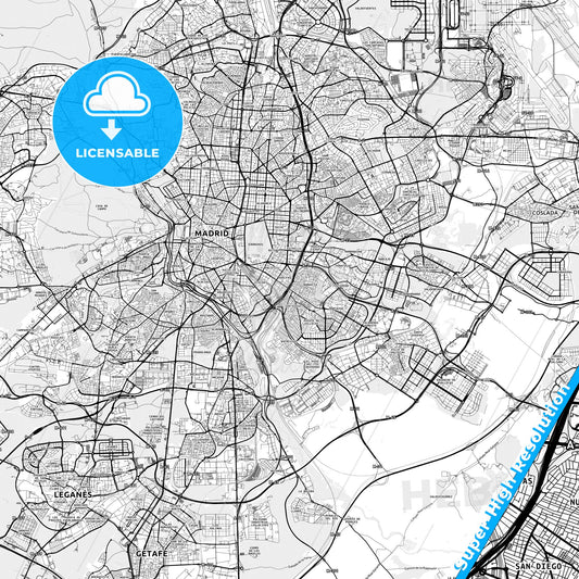 Puente de Vallecas, Spain light map with streetnames, citynames and districts