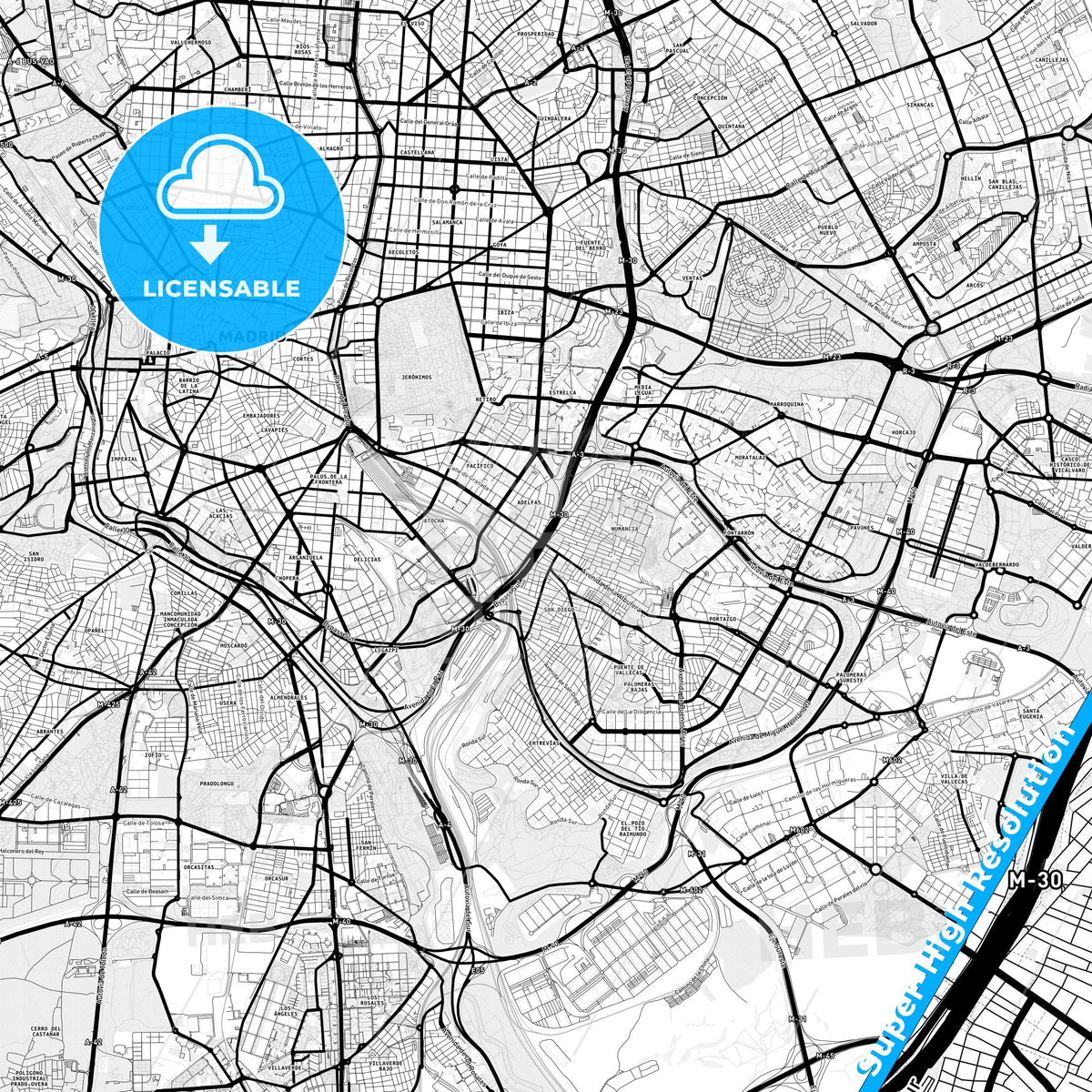 Puente de Vallecas, Spain Light Map with Street Names, City Names, and Districts