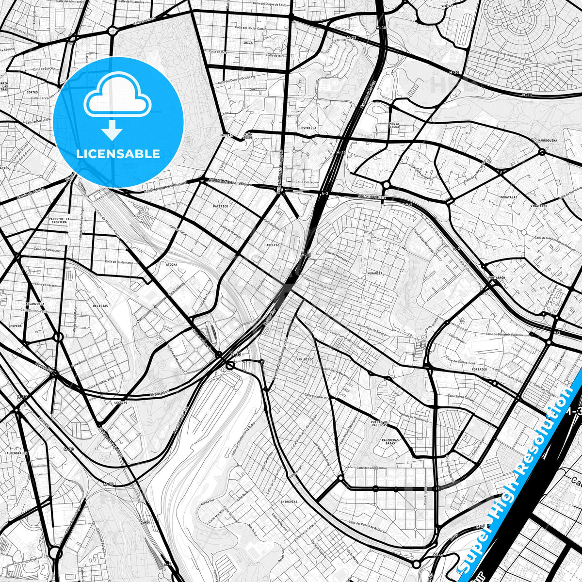 Puente de Vallecas, Spain Light Map with Street Names, City Names, and Districts