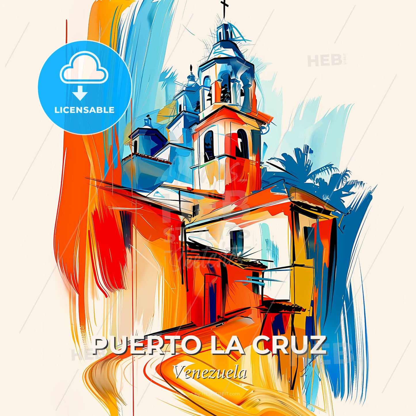 Vibrant Puerto La Cruz, Venezuela - A Painting Of A Building With A Cross On Top - Square format print template