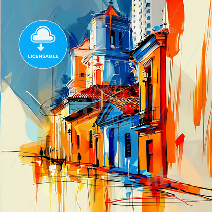 Vibrant Puerto La Cruz, Venezuela - A Painting Of A Building With A Tower