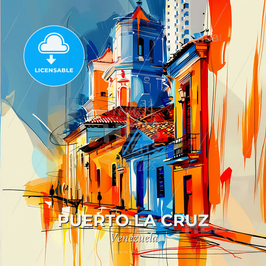 Vibrant Puerto La Cruz, Venezuela - A Painting Of A Building With A Tower - Square format print template