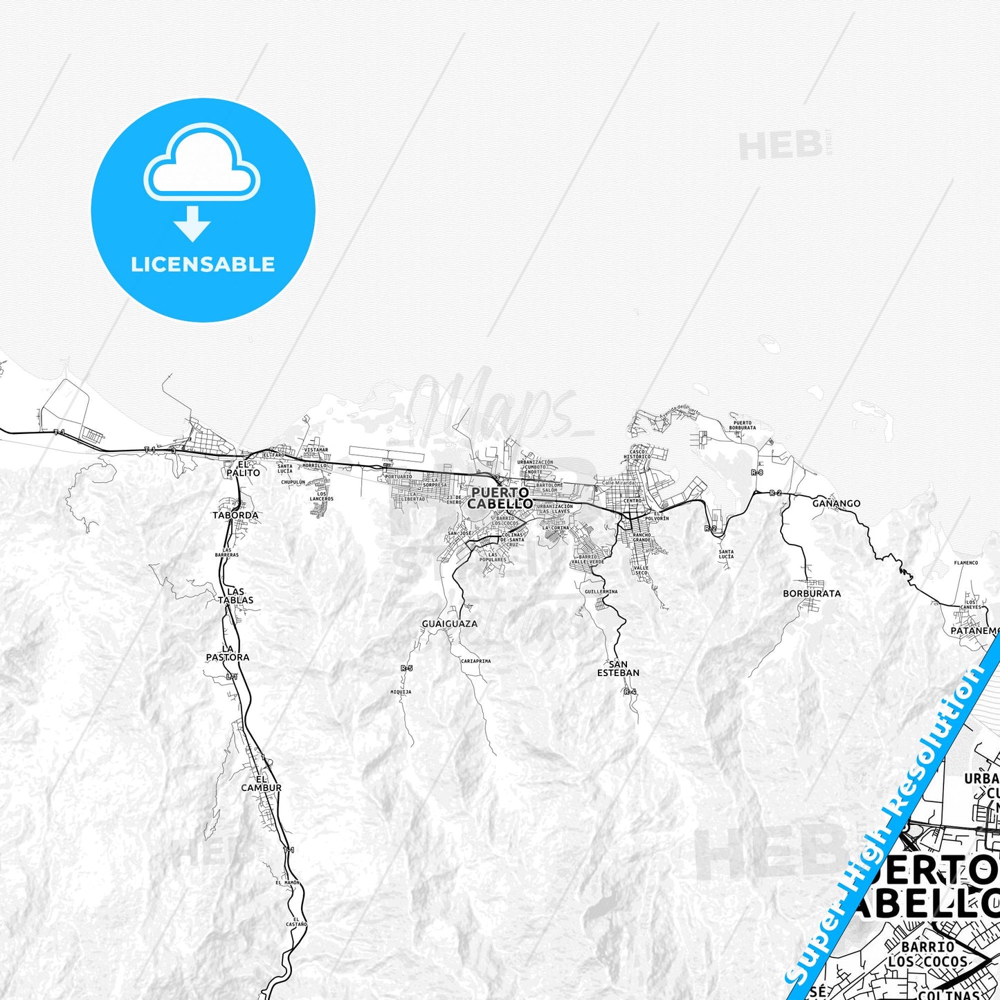 Puerto Cabello, Venezuela light map with streetnames, citynames and districts