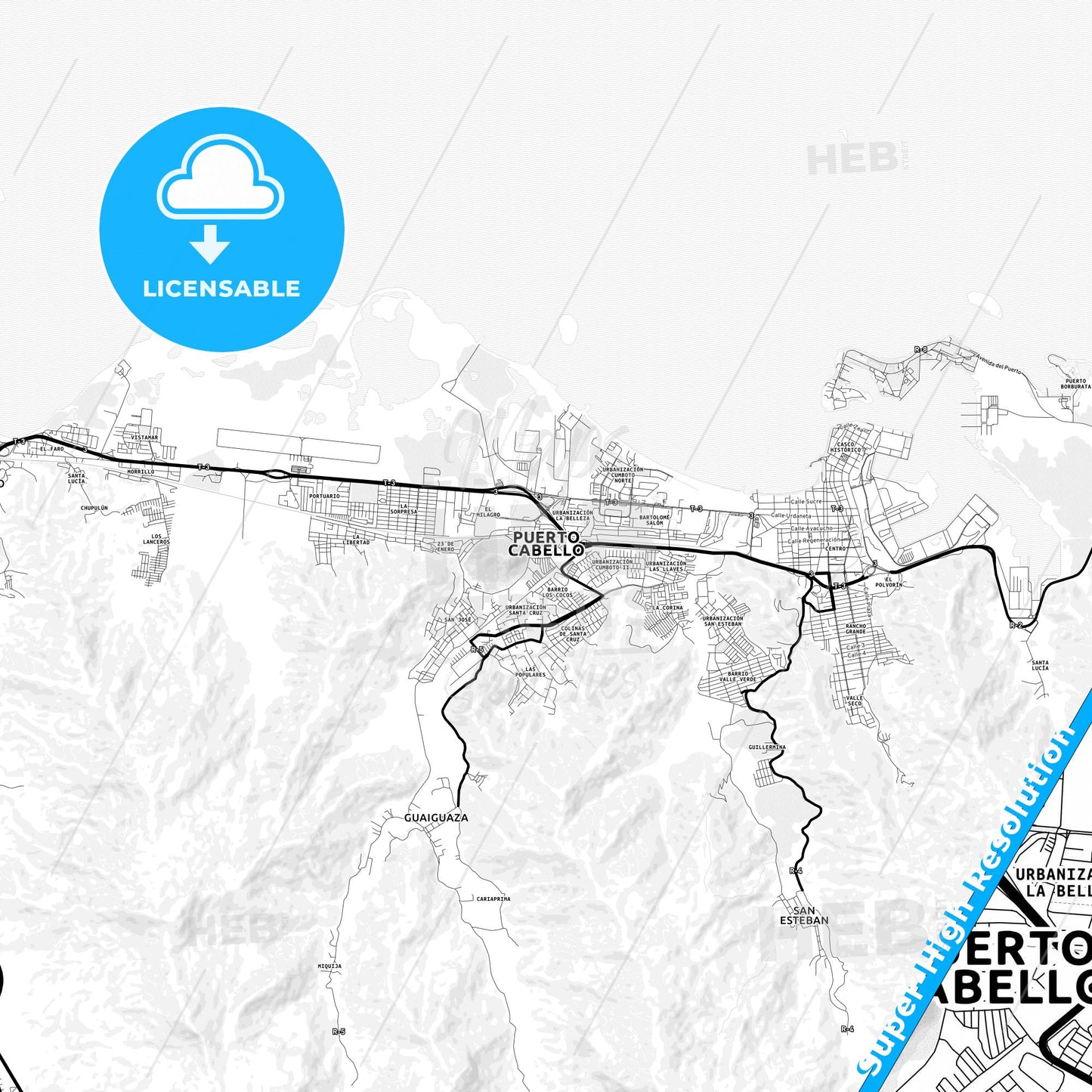 Puerto Cabello, Venezuela Light Map with Street Names, City Names, and Districts