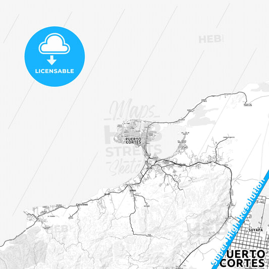 Puerto Cortés, Honduras light map with streetnames, citynames and districts