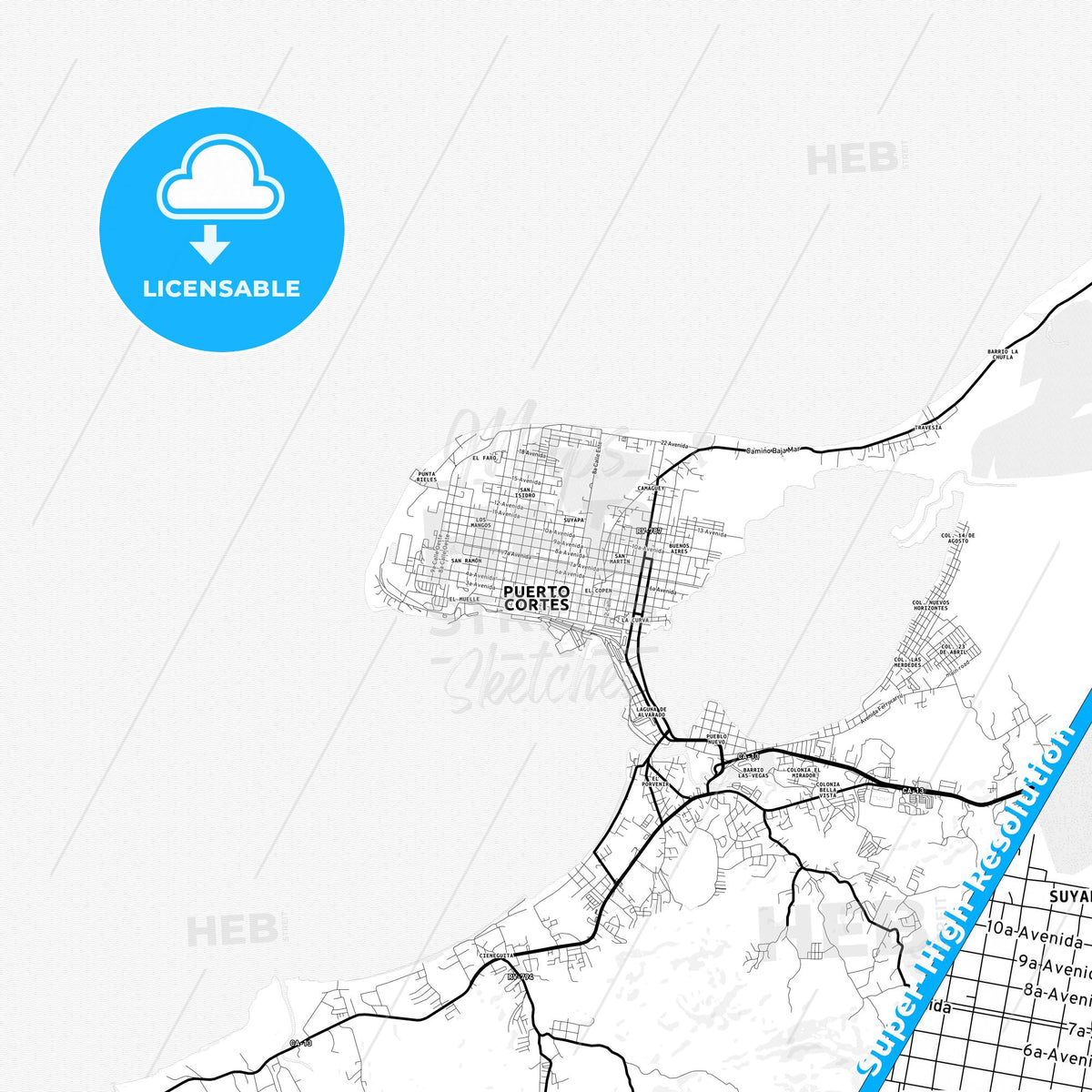 Puerto Cortés, Honduras Light Map with Street Names, City Names, and Districts