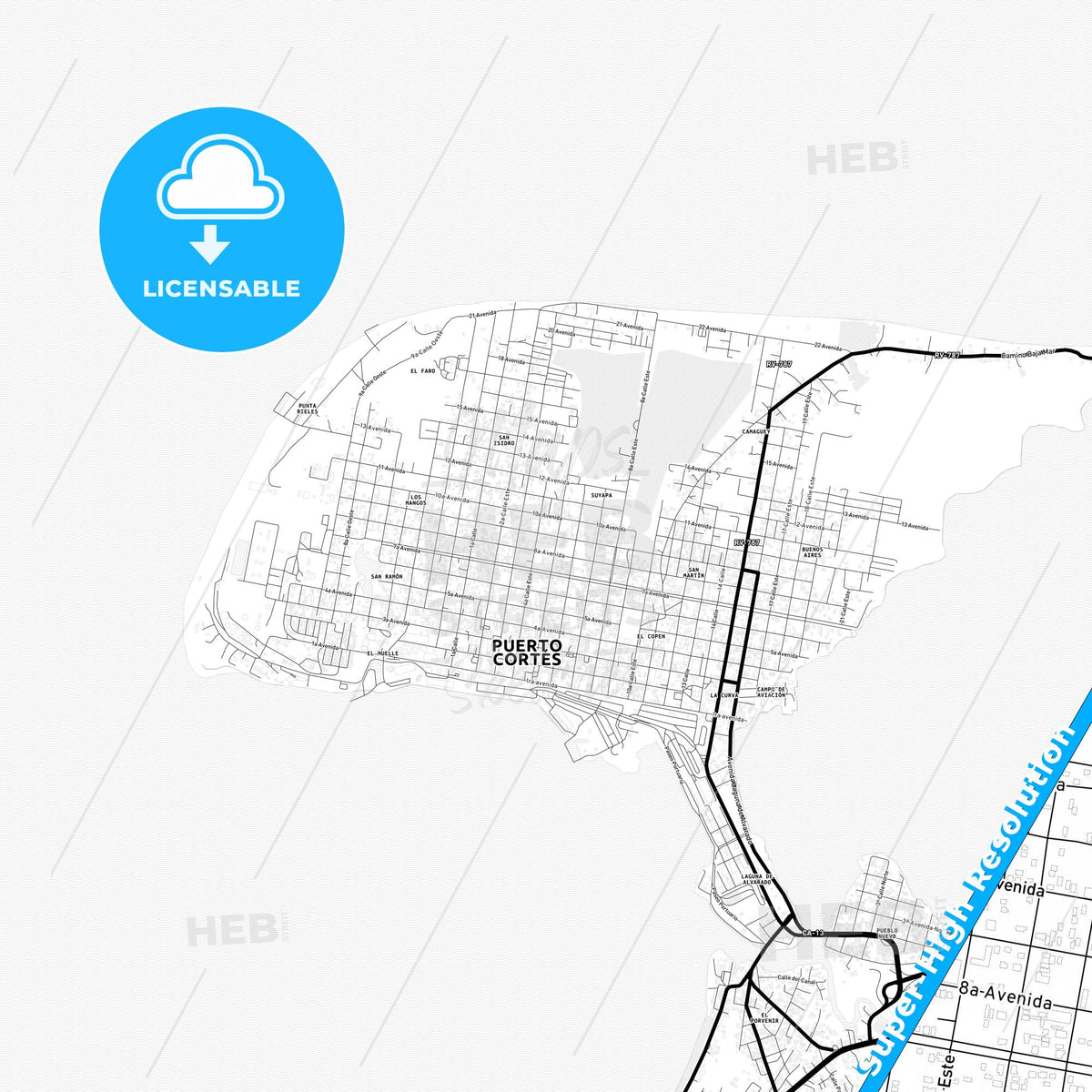 Puerto Cortés, Honduras Light Map with Street Names, City Names, and Districts