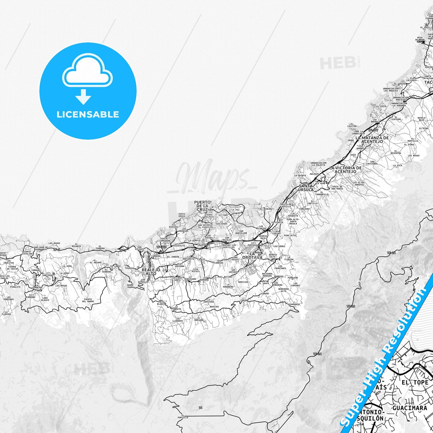 Puerto de la Cruz, Spain light map with streetnames, citynames and districts