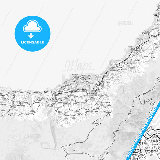 Puerto de la Cruz, Spain light map with streetnames, citynames and districts