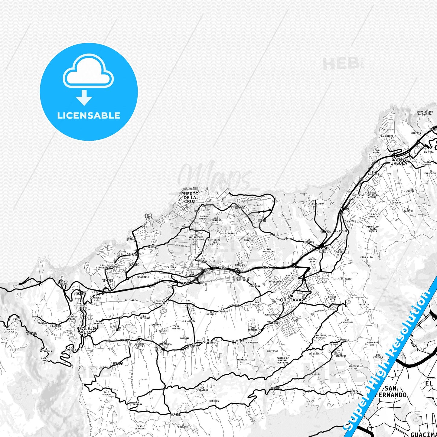 Puerto de la Cruz, Spain Light Map with Street Names, City Names, and Districts