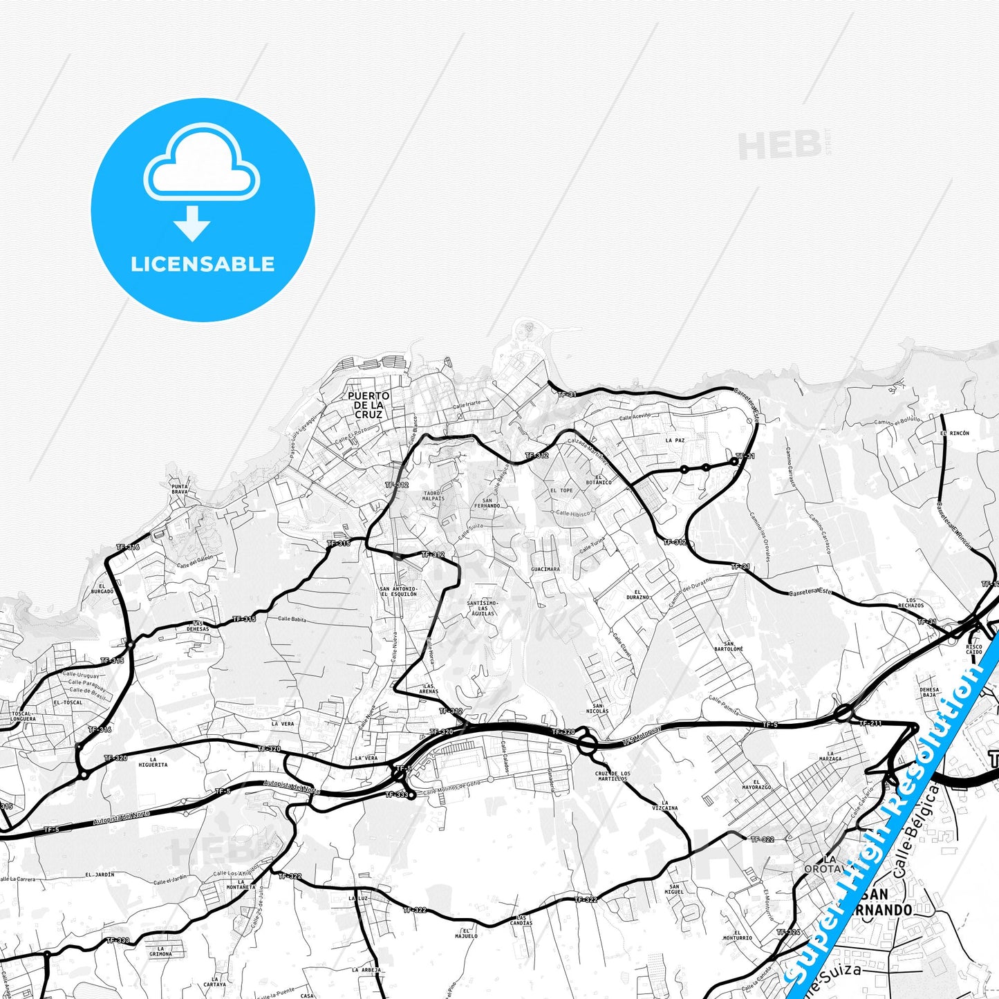 Puerto de la Cruz, Spain Light Map with Street Names, City Names, and Districts