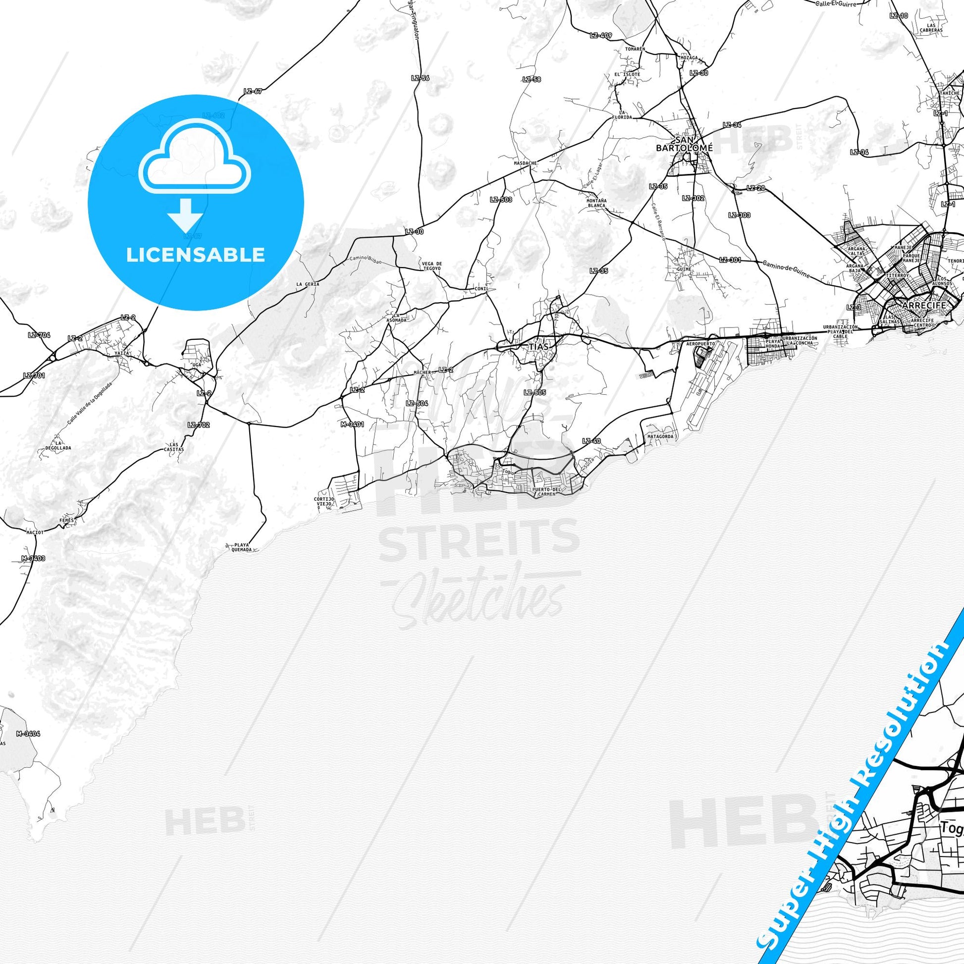 Puerto del Carmen, Spain light map with streetnames, citynames and districts